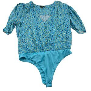 AFRM XL Blue Floral Bodysuit Womens Short‎ Sleeve Button-Front
